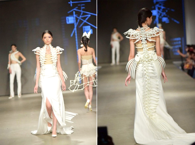 A model wearing a gown designed with SLS 3D printed ornaments