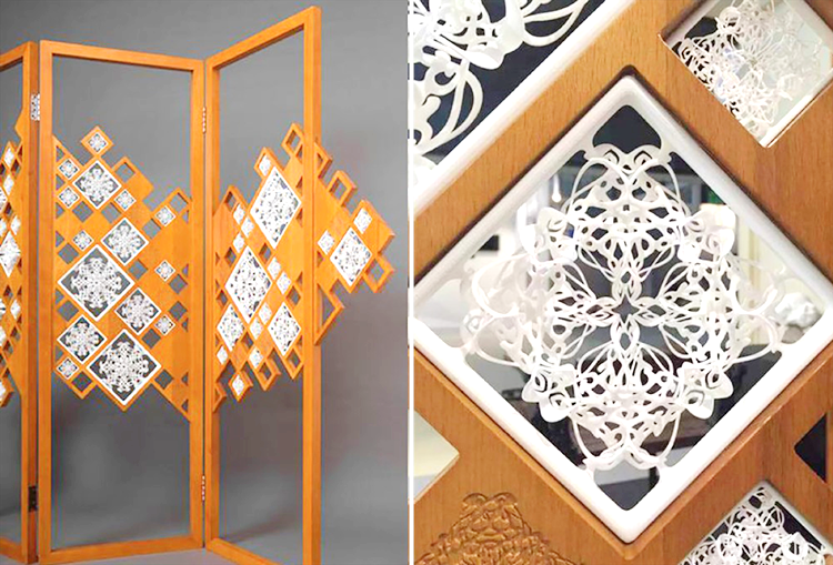 Wooden Screen decorated with SLS 3D printed ornaments