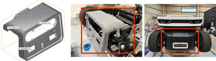 The different stages of development for the police car from design (left) to the final part (right), with the 3D printed parts highlighted