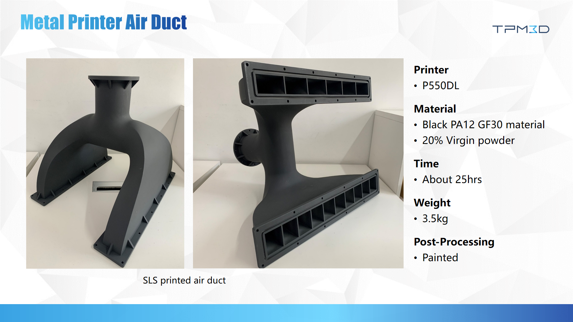 3D printed metal printer air duct with black glass-filled nylon 12 material