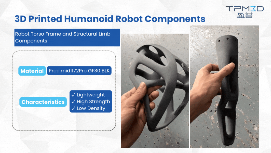 3D printed humanoid robot components with TPM3D's precimid1172pro GF30 BLK material