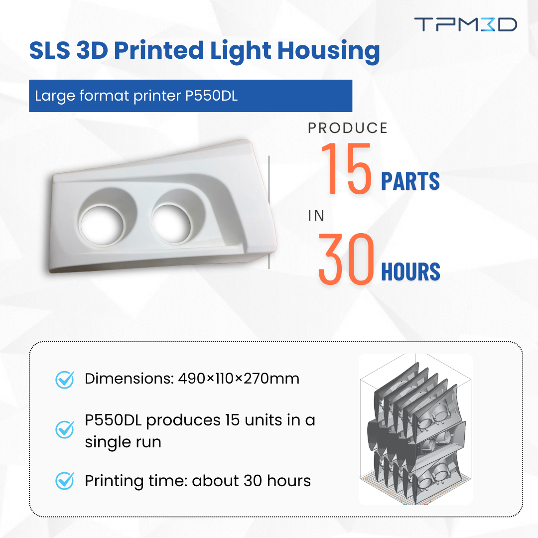 SLS 3D printed light housing on cars