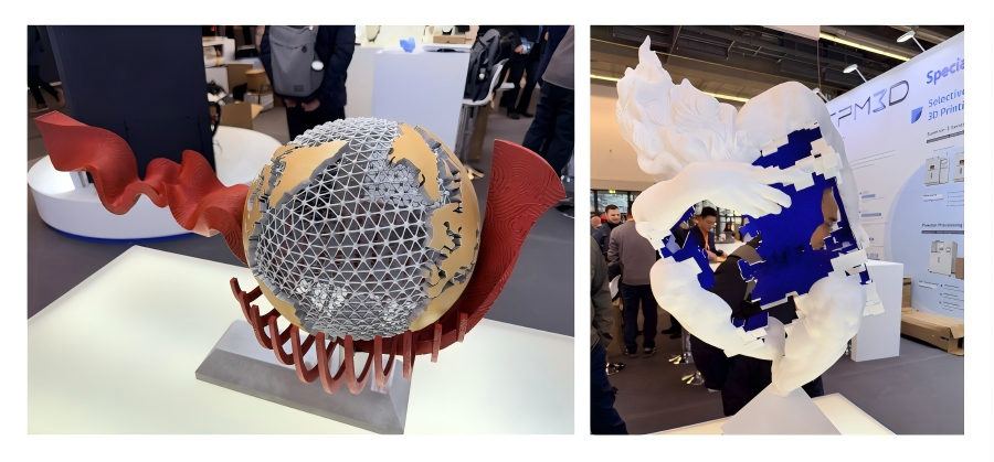 Impressões artísticas em grande escala feitas com tecnologia SLS, criadas em colaboração com a Universidade de Tsinghua, estão em exibição no estande da TPM3D.