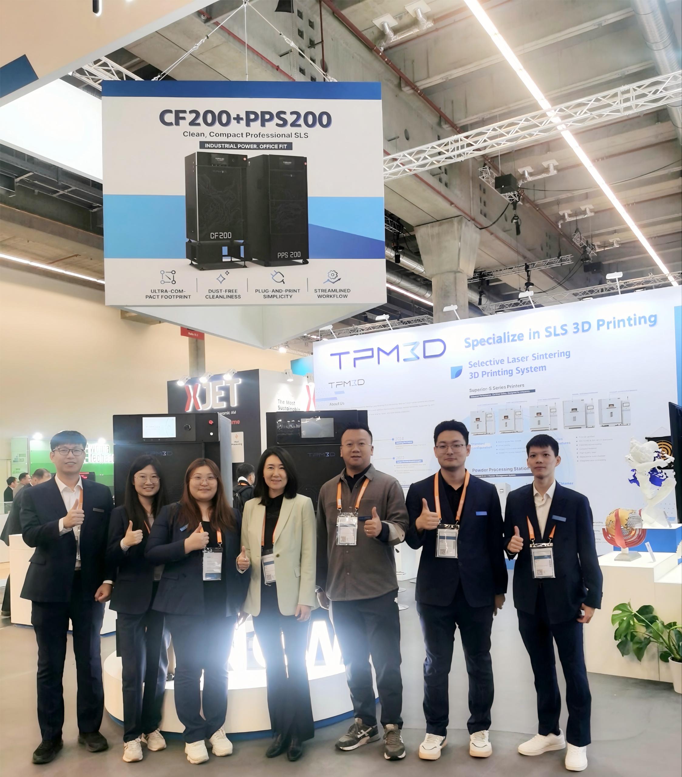 TPM3D booth at Formnext 2025 showcasing CF200 Compact SLS printer