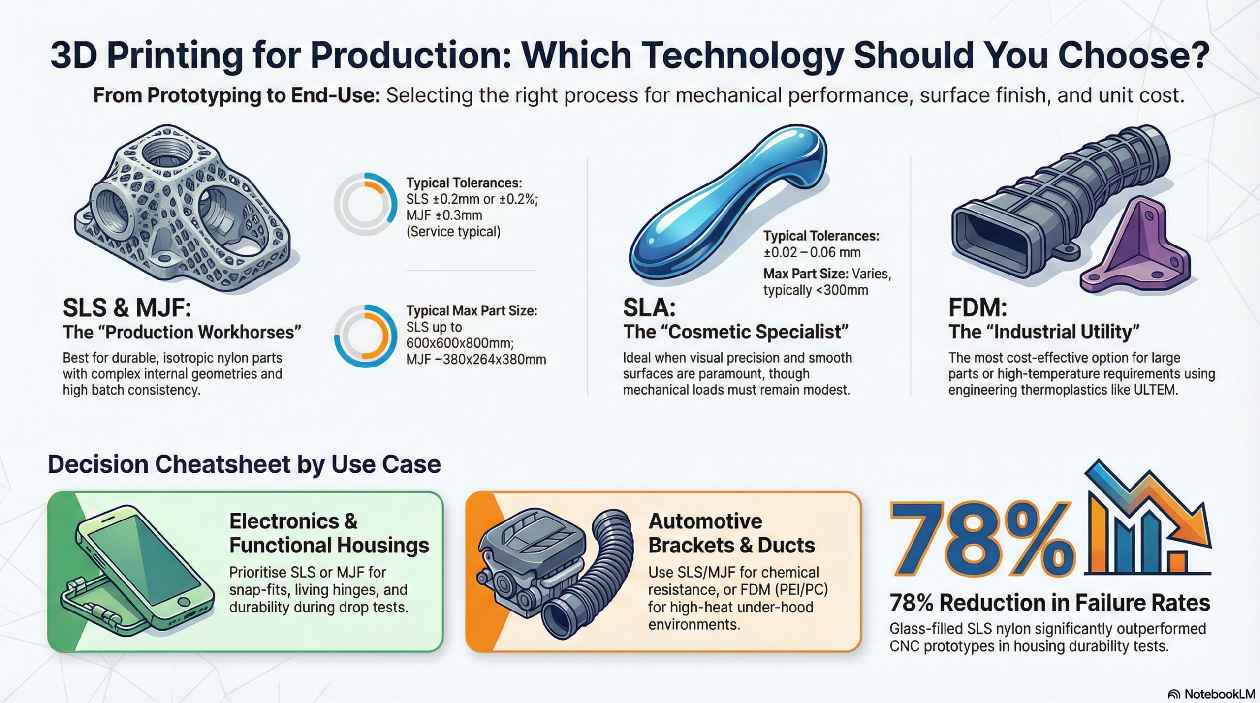 SLS vs. FDM vs. SLA vs. MJF: When to Choose Each for End‑Use Production (2026)