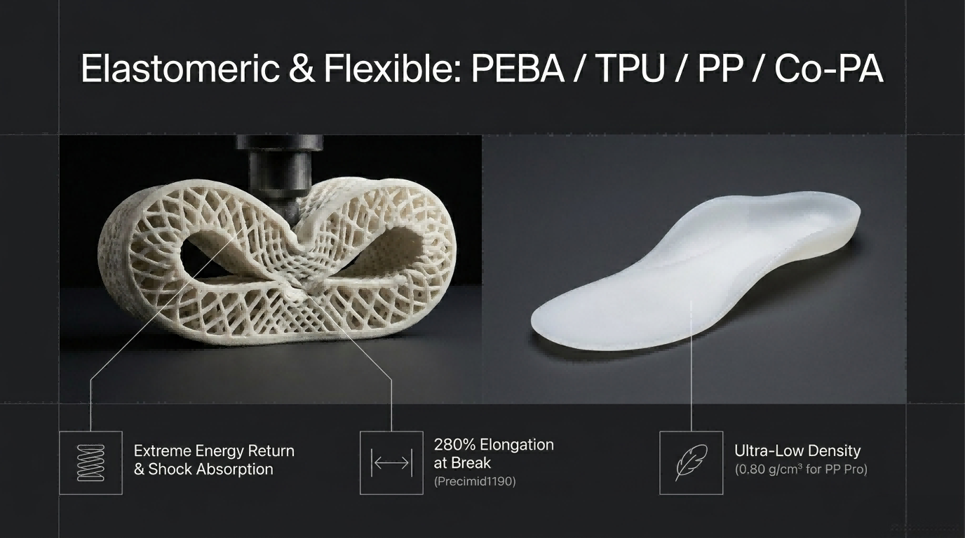 Elastomeric and flexible materials PEBA, TPU, PP, C0-PA