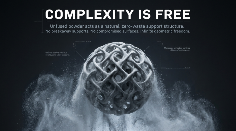 Unfused powder acts as a natural, zero-waste support structure. No breakaway supports. No compromised surfaces. Infinite geometric freedom