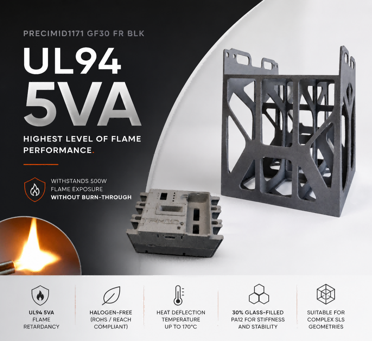 UL94 5VA Flame Retardancy Achieved in TPM3D SLS Nylon 12 Material