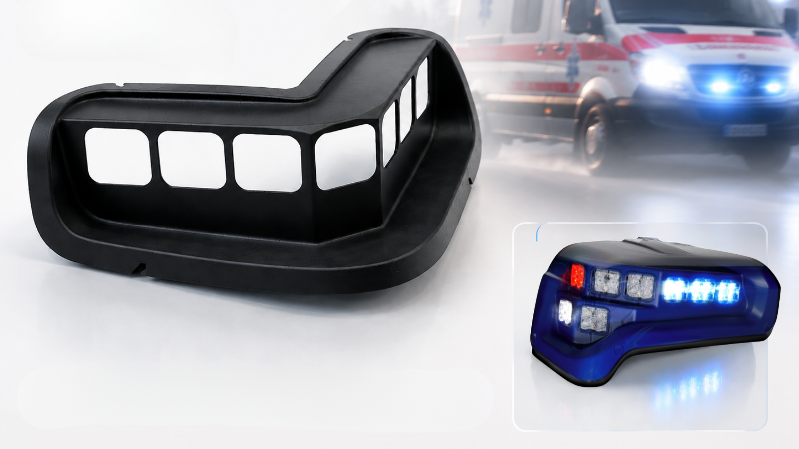 Emergency vehicle warning light housings SLS 3D printed with PA11 material