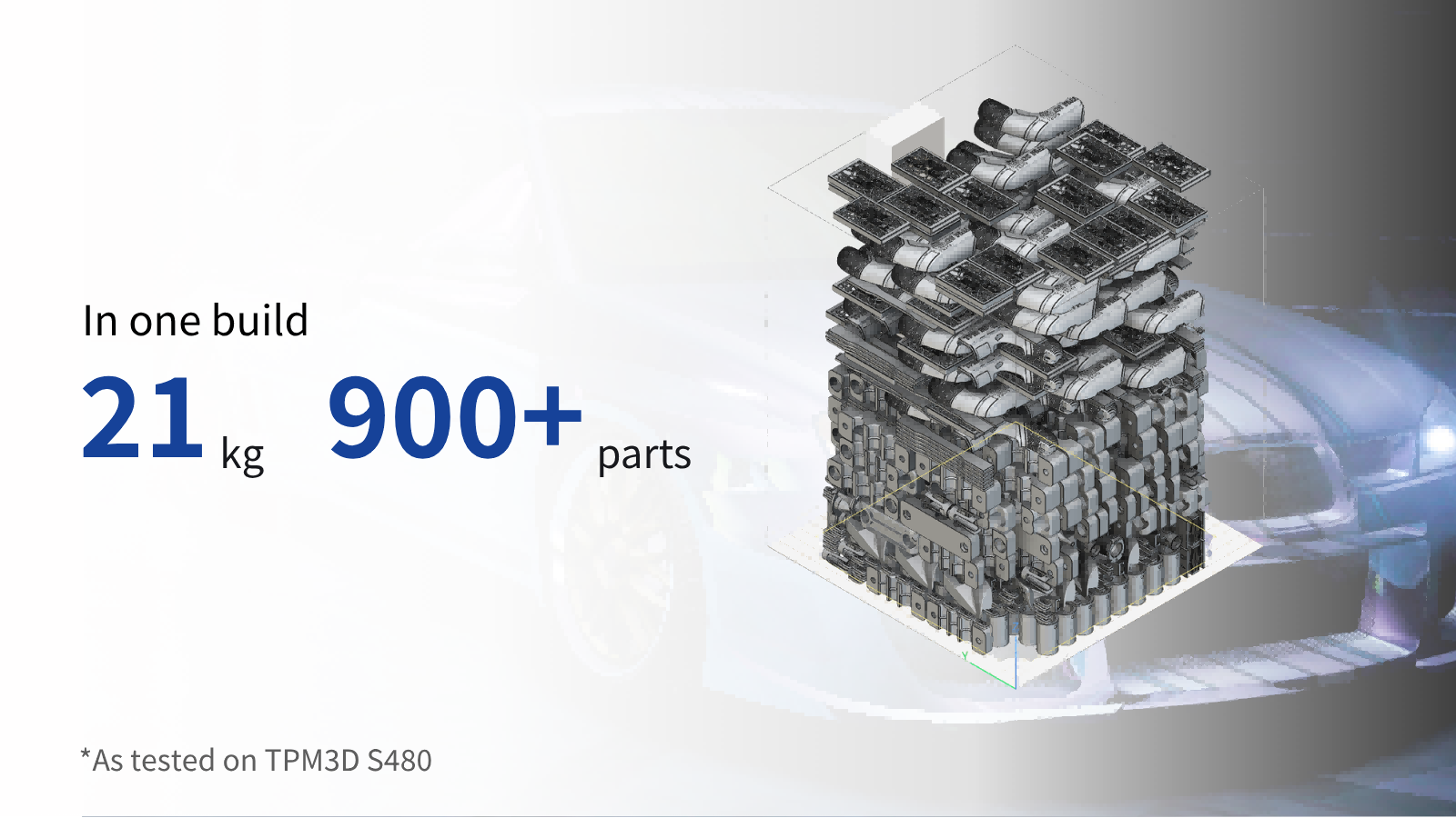 21kg and more than 900 parts can be stacked in the build chamber of TPM3D S480